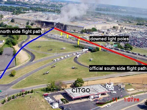 Comparaison des deux trajectoires de l'avion devant le Pentagone, le 11 septembre 2001