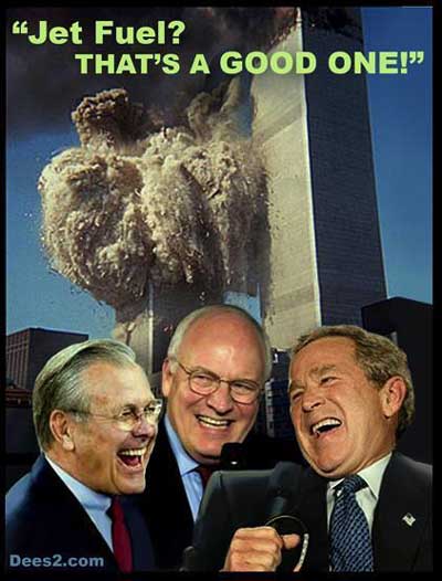Cheney, Bush et Rumsfeld rient d'une bonne blague à propos des Tours Jumelles