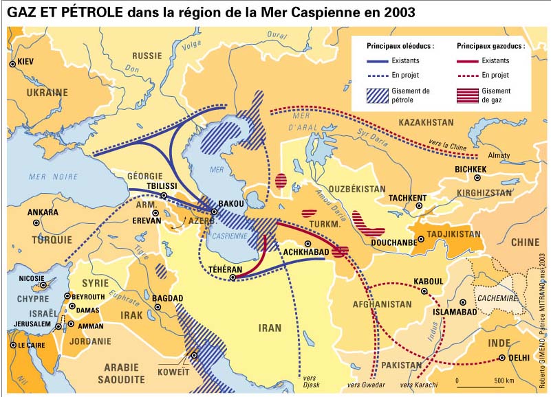 Carte des gisements de gaz et de pétrole dans la région de la Mer Caspienne