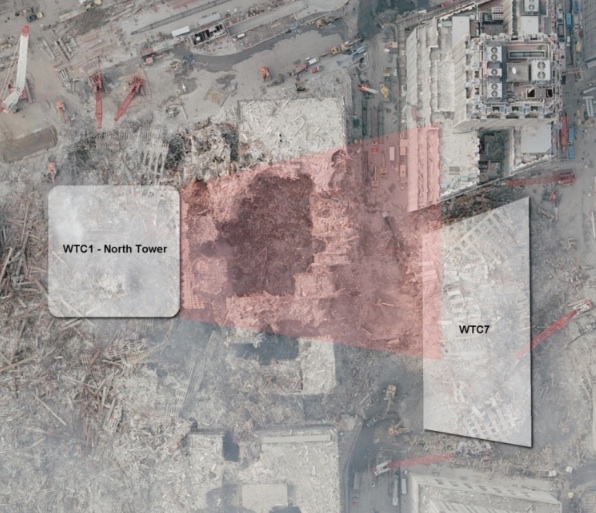 Schéma de la projection des débris de la Tour Nord sur la tour 7 du World Trade Center