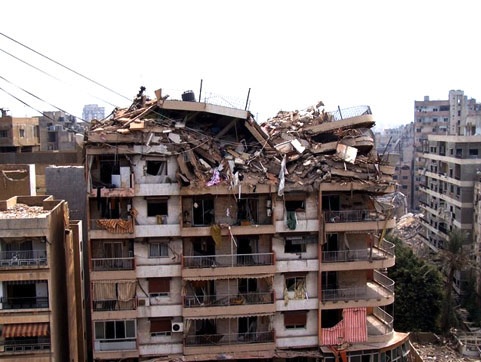 Immeuble détruit par la guerre dans le quartier de Haret Hreik, à Beyrouth (Liban)