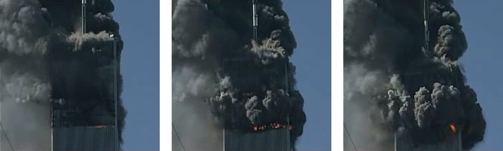 Effondrement de la Tour Nord du World Trade Center (zoom sur la partie haute de la tour)
