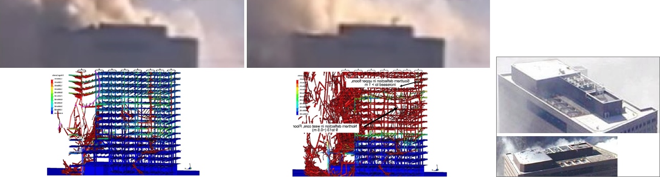 Montage montrant l'effondrement du toit-terrasse de la tour 7 du World Trade Center et la simulation intérieure du NIST juxtaposée