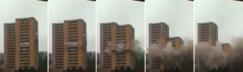Effondrement symétrique d'un immeuble par démolition contrôlée