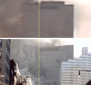 Poteaux primaires pendant l'effondrement de la tour 7 du World Trade Center, et comparaison avec l'emplacement du toit-terrasse