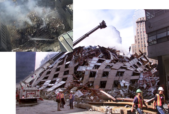 Pile de débris après l'effondrement de la tour 7 du World Trade Center