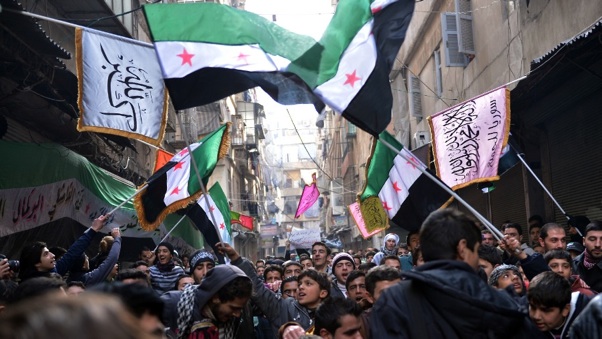 Le drapeau syrien re-colorié en vert par les rebelles (Syrie)