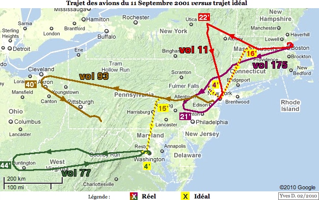 Trajet des avions du 11 septembre 2001 versus trajet idéal, avec durées en minutes (version réduite)